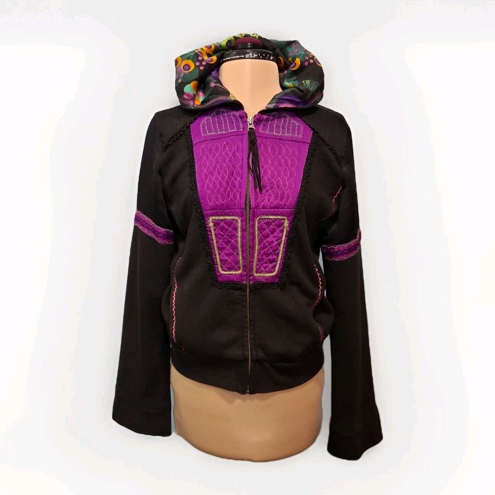 Custo Barcelona Y2K Streetwear Punk Emo Full Zip Beaded‎ Hoodie Black Purple VTG